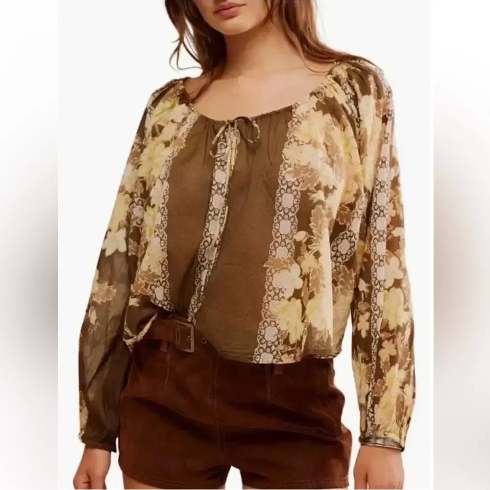 NEW Free People Elena Floral Boho Western Flowy Top in Cocoa Combo - Size S